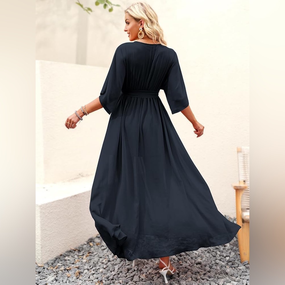 Womens 1/2 Sleeve Beach‎ Wedding Guest Maxi Dress | Wrap V Neck Boho Slit Dress - Picture 7 of 7